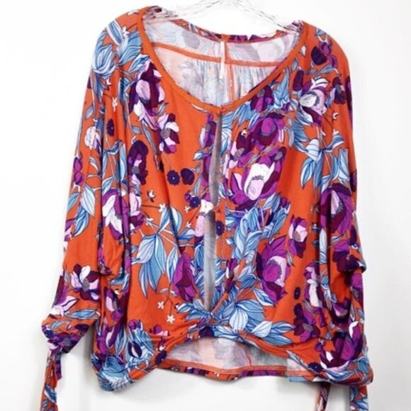 Free People Keepin On Blouse Women Size M Orange Stretch Knit Cross Over - Picture 2 of 16